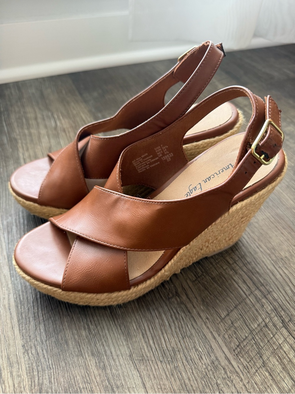 Brown leather espadrille wedges